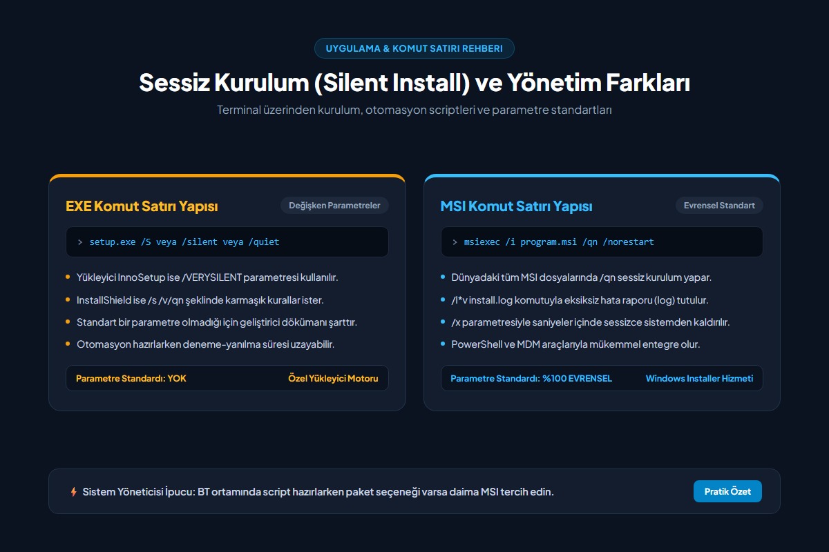 exe ve msi sessiz kurulum parametreleri ve terminal yönetimi infografik
