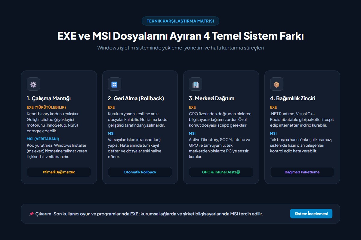 exe ve msi dosyaları arasındaki mimari farklar infografik karşılaştırma