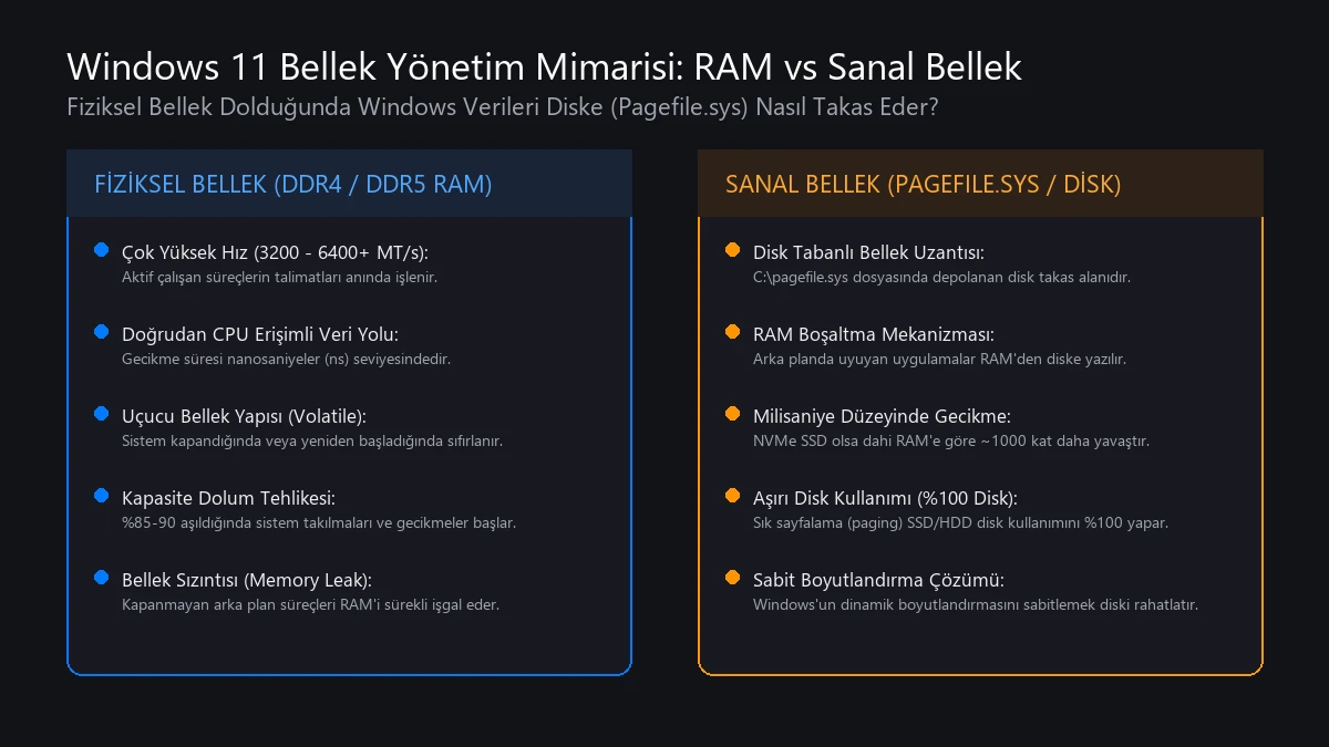 Windows 11 yüksek RAM kullanımı sanal bellek pagefile ve takas mimarisi şeması