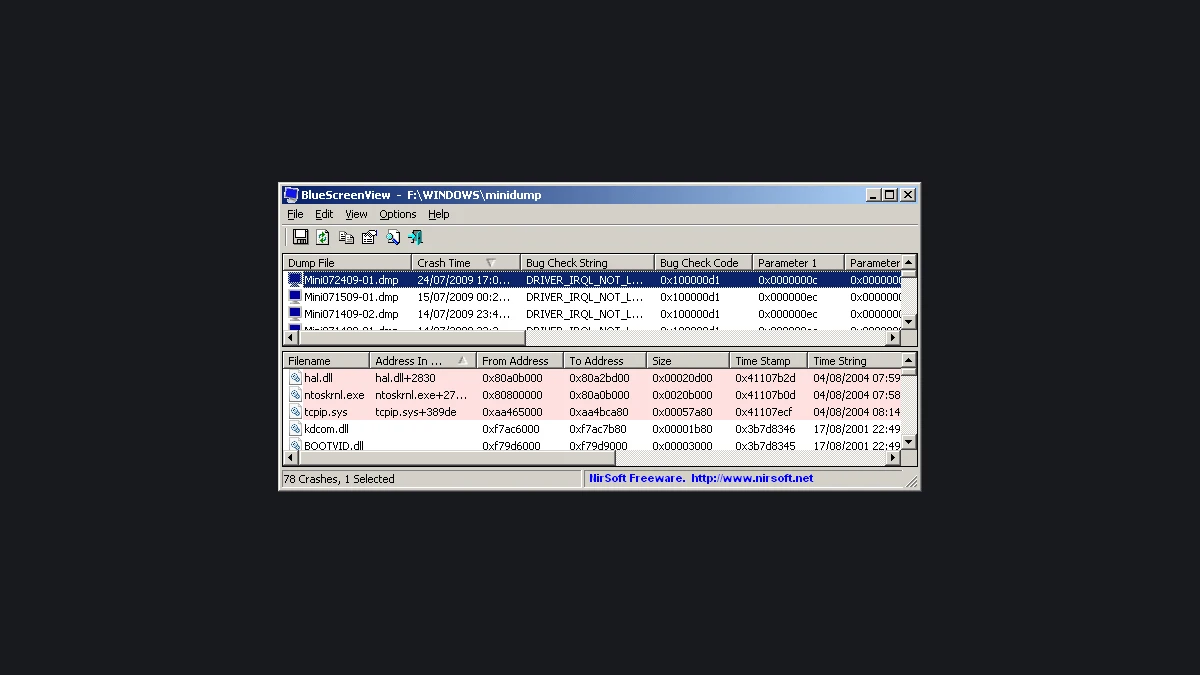 Windows 11 minidump dmp analiz aracı BlueScreenView ekranı