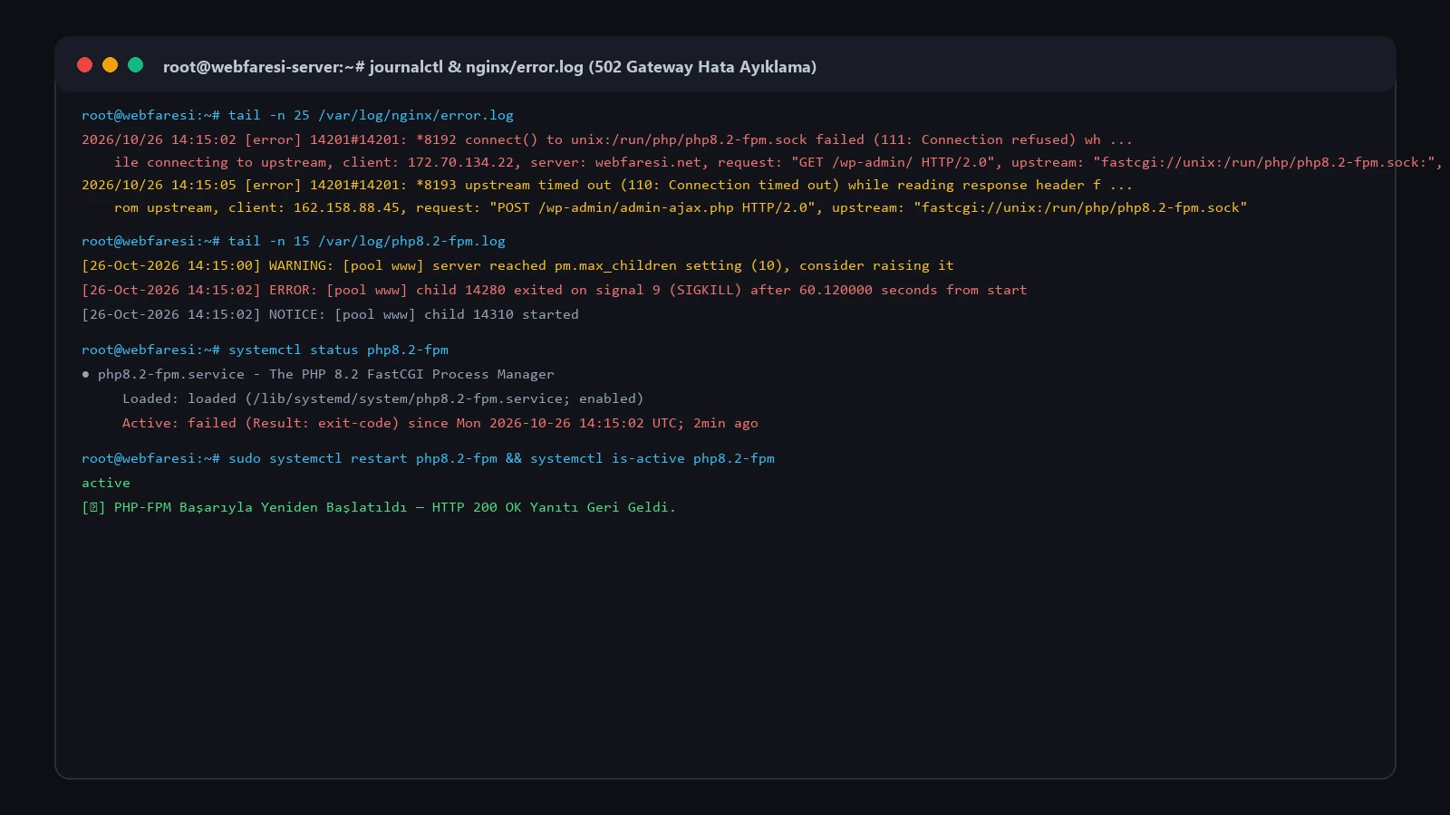 Nginx error.log ve PHP-FPM havuz limitleri 502 Bad Gateway hata analizi terminal çıktısı